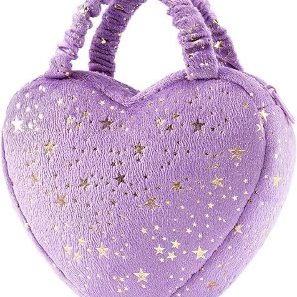 Heart-Shaped Plush Tote Bag Synthetic Leather Deep Purple Silver Stars